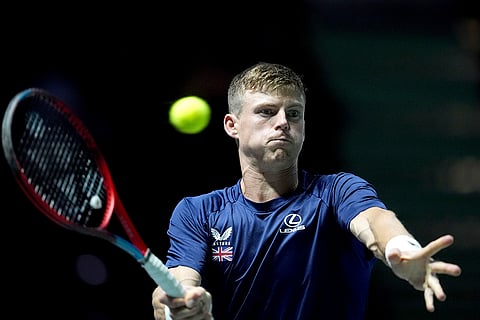 Davis Cup Tennis, Britain vs Finland: Billy Harris returns the ball to Otto Virtanen